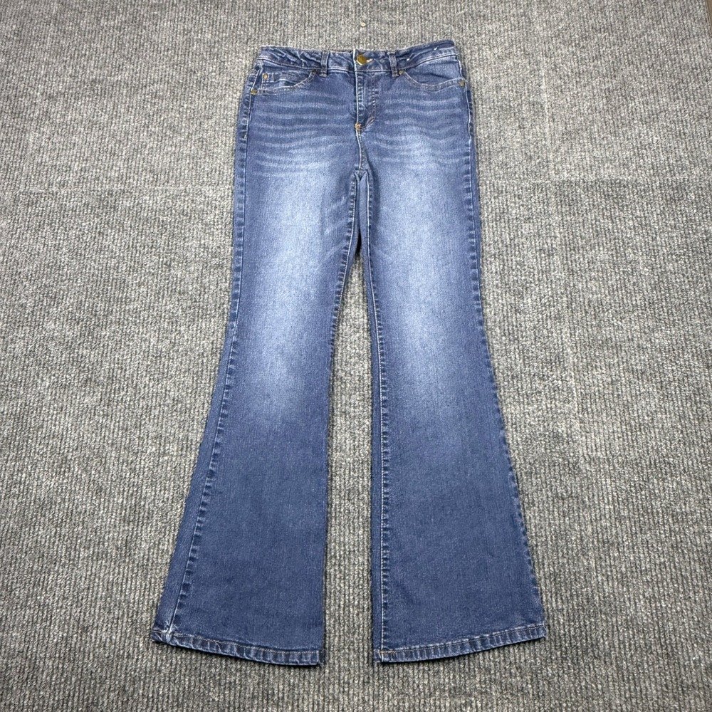 d.jeans Women Medium Wash Blue Mid Rise Flare Leg Stretch Denim Jeans Size 8